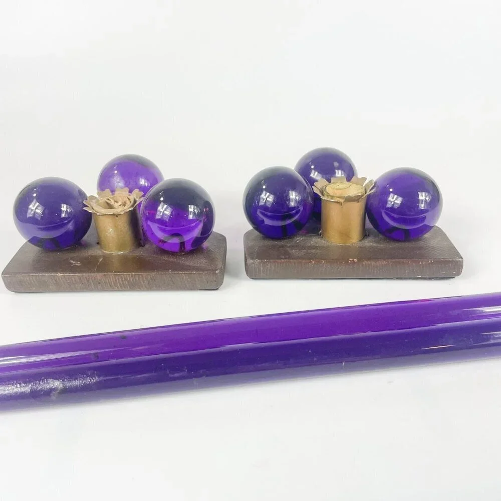 Purple Lucite Large Grapes On Burl Wood Candleholders Candles Console Set